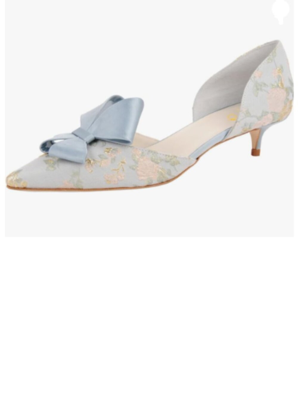 XYD Light Blue Floral Satin Pointed Toe Kitten Heel with Bow